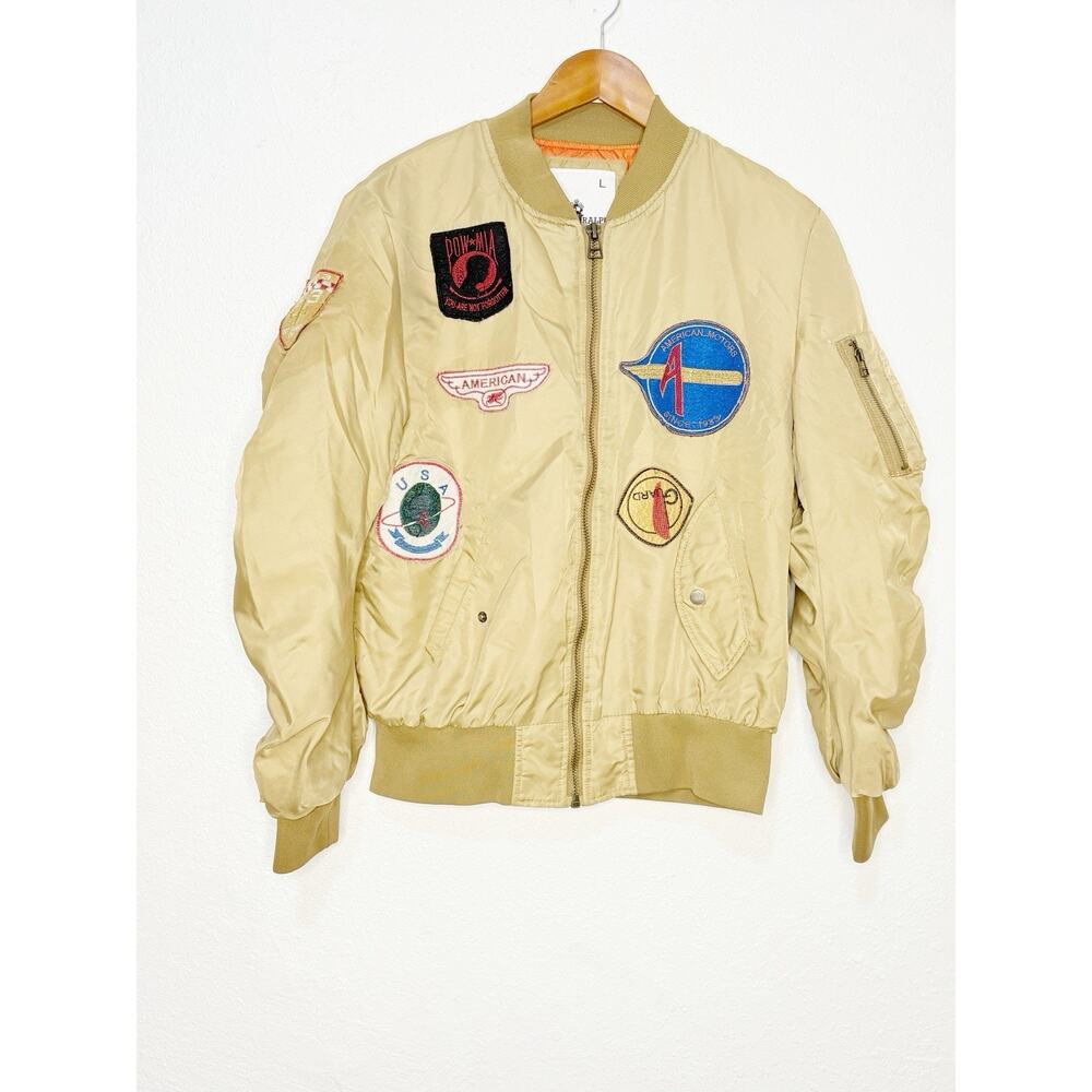 Uncle Ralph Brown Military Style Bomber Jacket Size large Patches